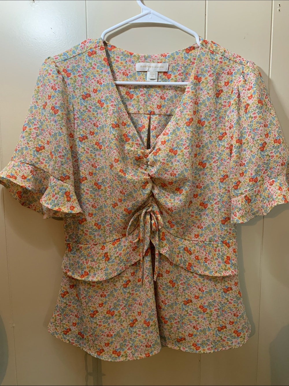 Floral Tie-Front Ruffle Blouse in Peach Multi
